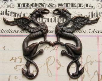 Griffin pair 35mm black antiqued brass links (2 Gothic symbol connectors) dragon ornament, dark magic, mythical mythological creature