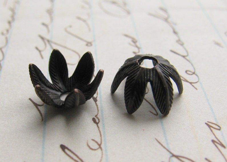 8mm Art Nouveau foliage bead cap, black antiqued brass 6 aged oxidized patina, textured leaf leaves, lead nickel free, made in USA image 2