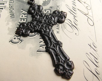 Victorian Mourning black cross pendant, large rosary cross, aged oxidized patina, solid antiqued brass, Gothic image, pure brass  SV