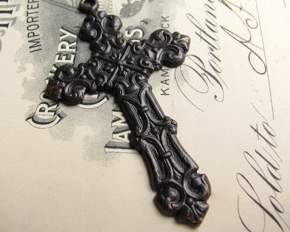 Victorian Mourning black cross pendant, large rosary cross, aged oxidized patina, solid antiqued brass, Gothic image, pure brass