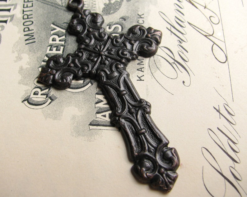 Victorian Mourning black cross pendant, large rosary cross, aged oxidized patina, solid antiqued brass, Gothic image, pure brass SV image 1