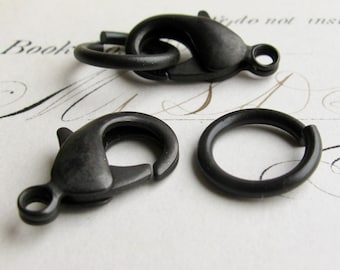 Jumbo black hook and eye set, solid USA brass, 13mm ring link and 22mm lobster clasp, antiqued oxidized patina (2 parrot clasp sets)