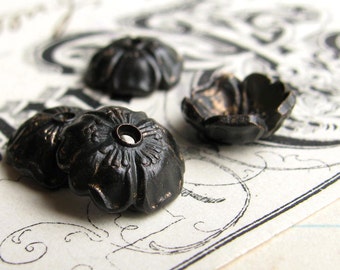 10mm Sakura flower, black brass bead cap (4 beadcaps) oxidized, Japanese cherry blossom, made in the USA, lead nickel free