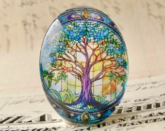 Stained glass window tree, handmade 40x30mm or 25x18mm glass oval cabochon, photo stone, spring, summer, garden, gardening