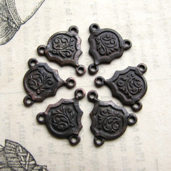 Tiny 13mm rosary link, black antiqued brass (6 triple connectors) black aged patina necklace link, small reducer