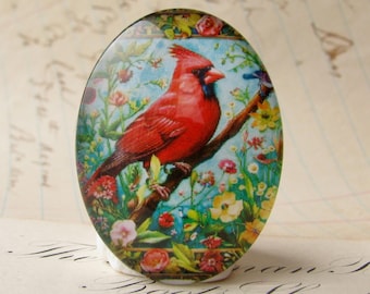Cardinal, 40x30mm glass oval cabochon, handmade in this shop