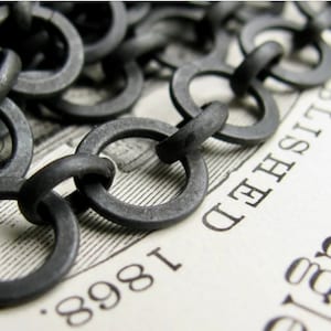 May include: Close-up of a dark gray metal chain with circular links. The chain is lying on a vintage paper with the text "ESTABLISHED 1868" visible. The chain's texture and the paper's aged appearance create a rustic aesthetic.