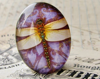 Yellow dragonfly with purple background, 40x30mm or 25x18mm handmade glass oval cabochon, insect, bug, garden, wings, winged