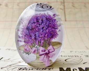 Lavender bouquet, herbs from a Vintage Kitchen, handmade glass oval cabochons, 40x30mm, cooking, purple flower