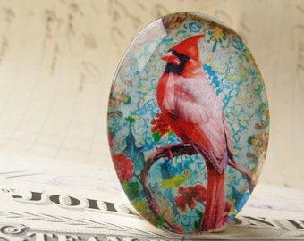 Cardinal, 40x30mm glass oval cabochon, red backyard bird, handmade in this shop, illustration on floral wallpaper