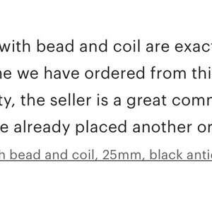 May include: Five star review for black fish hook ear wires with a bead and coil. The review states that the items are of excellent quality, the seller is a great communicator, and the shipping is speedy, safe and secure. The reviewer also states that they have already placed another order from FallenAngelBrass. The purchased item is described as fish hook ear wires with bead and coil, 25mm, black antiqued.