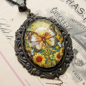 Stained glass butterfly and sunflowers, handmade glass oval cabochon, 40x30mm, garden, rebirth, renewal, winged, wings image 4