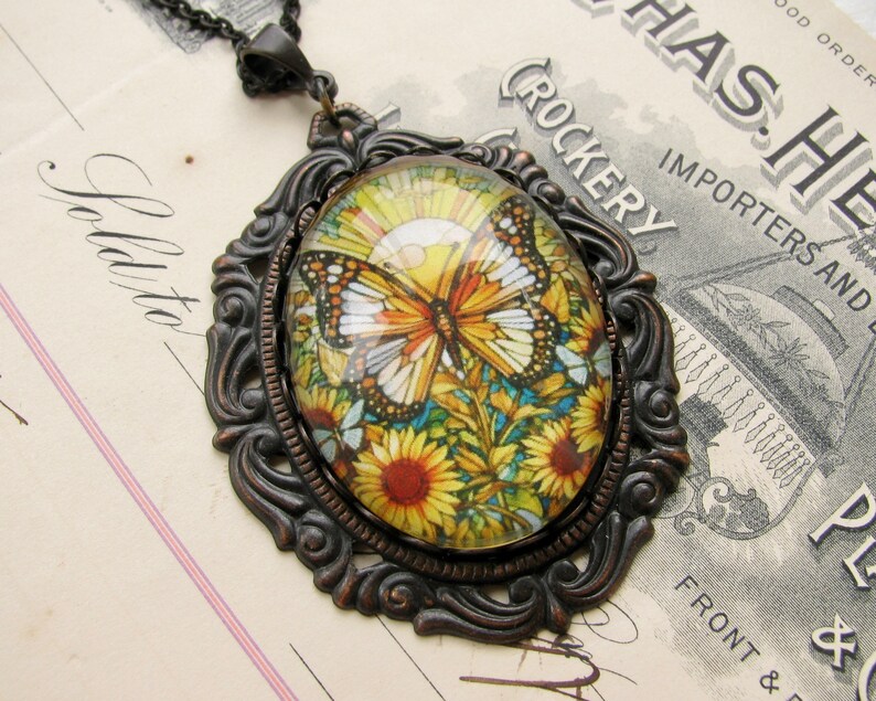 Stained glass butterfly and sunflowers, handmade glass oval cabochon, 40x30mm, garden, rebirth, renewal, winged, wings image 4