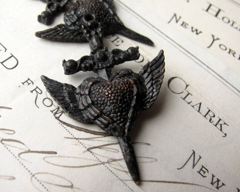 wings 2 pendants from Bad Girl Castings Gothic rosary cross black cross winged heart dagger 40mm antiqued black pewter