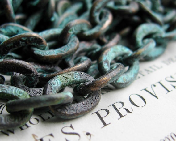10x7mm Verdigris chunky cable chain, rustic blue green patina over black brass, textured, weathered (by the foot)