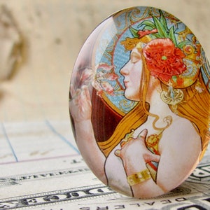 From 1900, Art Nouveau vintage commercial illustration, handmade 40x30mm or 25x18mm glass oval cabochon, Louis Théophile Hingre, perfume ad