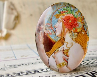 From 1900, Art Nouveau vintage commercial illustration, handmade 40x30mm or 25x18mm glass oval cabochon, perfume ad