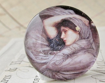 From 1903, John William Waterhouse "Boreas"  25mm glass cabochon, artisan crafted, Art History, purple, 1 inch circle, bottle cap size