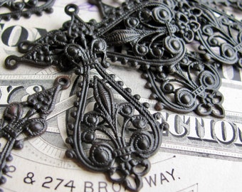 Catherine of Aragon openwork Etruscan filigree, black antiqued brass, 43mm long (1 pair) (2 charms) earring drop, aged patina dangle