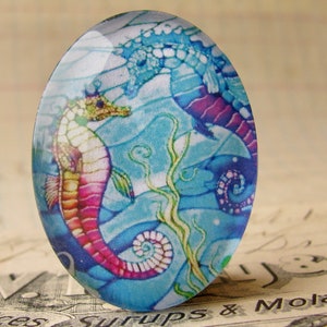 Seahorses stained glass window, glass oval cabochon, handmade in this shop, 40x30mm, photo image stone, sea, ocean, nautical, beach image 1