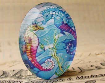 Seahorses stained glass window, glass oval cabochon, handmade in this shop, 40x30mm, photo image stone, sea, ocean, nautical, beach