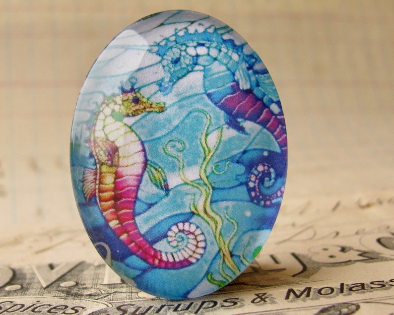 Seahorses stained glass window, glass oval cabochon, handmade in this shop, 40x30mm, photo image stone, sea, ocean, nautical, beach image 1