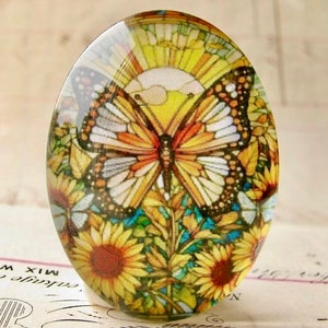 Stained glass butterfly and sunflowers, handmade glass oval cabochon, 40x30mm, garden, rebirth, renewal, winged, wings