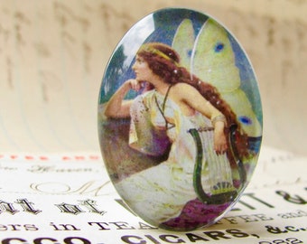 From 1904, Night Fairy, vintage magazine cover, handmade glass oval cabochon, 40x30mm, ethereal, harp