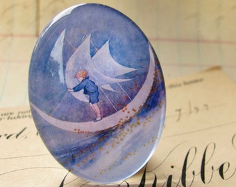 Sailing on the Moon handmade glass cabochon, 40x30mm or 25x18mm oval, little boy blue, children's book illustration, moonboat, boat