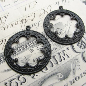 Antiqued black brass Basilica hoops 2 hoops 35mm, aged oxidized patina, large decorative round pendant, earring drops, FF image 1