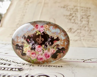 Horizontal 25x18mm or 40x30mm glass oval cabochon, pink Victorian roses on black, handmade in this shop, Fabulous Floral collection, flowers