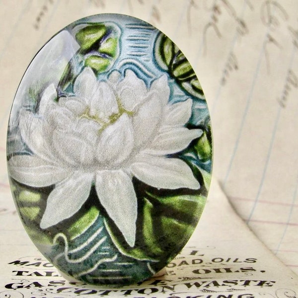 White lily flower, green stem, Art Nouveau ceramic tile image under glass dome, handmade 40x30mm glass oval cabochon, Belle Époque