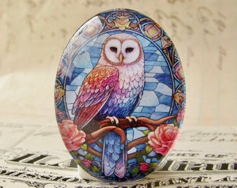 Stained glass Tawny Owl, Barn Owl, 40x30mm glass oval cabochon, brown, wisdom bird, handmade in this shop, Beautiful Birds