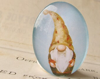 Scandinavian gnome, handmade glass oval cabochon, 40x30mm, traditional folktale, winter holiday, troll, Swedish elf with floppy hat