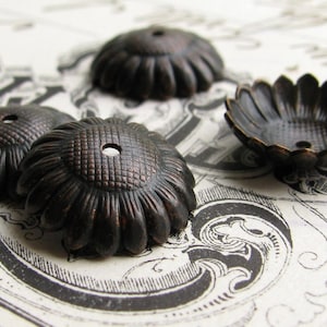 12mm Sunflower bead cap, black antiqued brass (4 beadcaps) oxidized patina, garden, made in the USA, lead nickel free