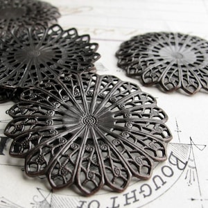 Sunburst circle filigree, 34mm, antiqued black brass, large round medallion filigree, noir patina, made in the USA (2) oxidized