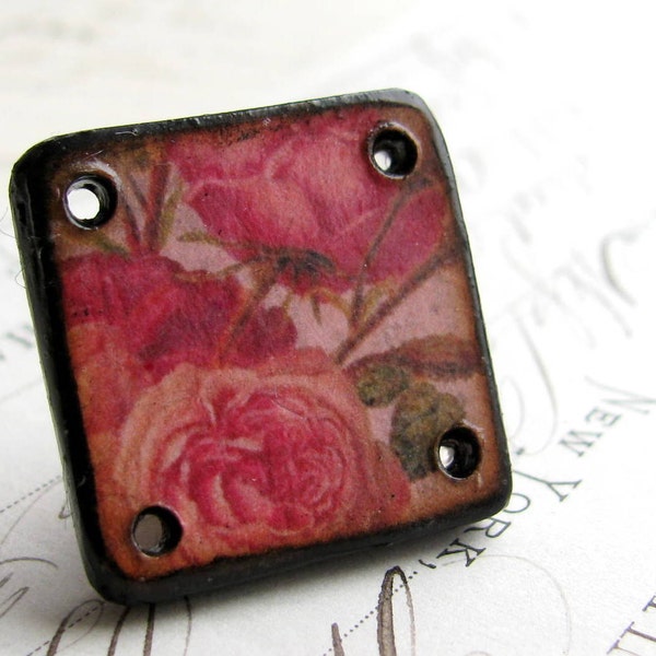 Pink Roses, 25mm wood tile, square pendant link, handmade (1 pendant) light weight, burned edges, antiqued style, black edges