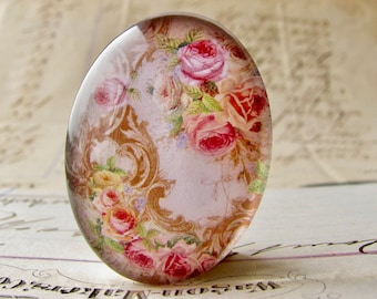 Pink roses with Victorian flourishes, handmade glass oval cabochon of Fabulous Florals, 40x30mm or 25x18mm, photo stone
