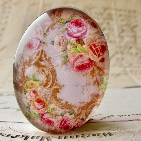 Pink roses with Victorian flourishes, handmade glass oval cabochon of Fabulous Florals, 40x30mm or 25x18mm, photo stone