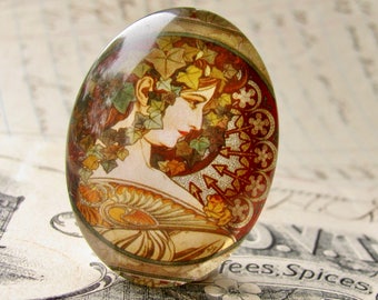 From 1901, Mucha's "Ivy" print Le Lierre, Art Nouveau, handmade cabochon stone, 40x30mm, glass oval, brown, green