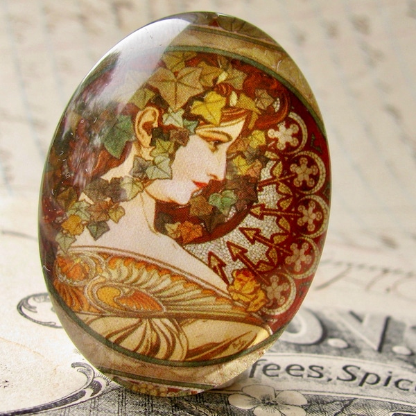 From 1901, Mucha's "Ivy" print Le Lierre, Art Nouveau, handmade cabochon stone, 40x30mm, glass oval, brown, green