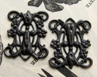 Eslabón de enrejado florido Art Nouveau, latón negro envejecido de 23 mm (2 conectores), pátina negra envejecida, sin níquel