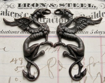 Griffin pair 35mm black antiqued brass links (2 Gothic symbol connectors) dragon ornament, dark magic, mythical mythological creature