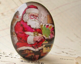 Vintage Santa Claus handmade glass oval cabochon, 40x30mm, Christmas holiday, nice naughty list, red green, 30x40mm, traditional image