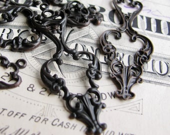 Openwork filigree drops, black antiqued brass, 38mm long (4 charms) earring drop, dark oxidized patina dangle