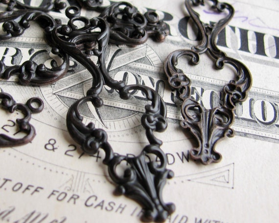 Openwork filigree drops, black antiqued brass, 38mm long (4 charms)