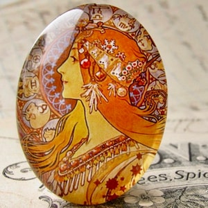 From 1896, Mucha's  "Zodiac" print, Zodiaque, handmade cabochon, 40x30mm or 25x18mm, glass oval face, orange, Art Nouveau, Belle Epoque