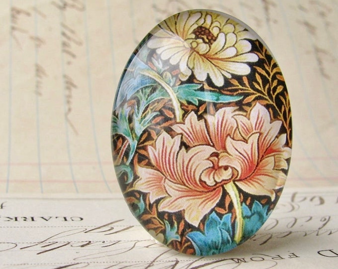William Morris collection, orange yellow flower, 40x30mm glass oval cabochon, wallpaper, handmade in this shop, 40x30, Art Nouveau