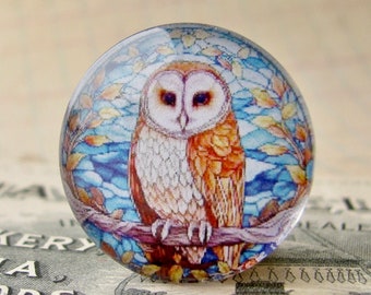 Stained glass window Snowy Owl, 25mm round glass cabochon, wisdom bird, handmade in this shop, one inch, bottle cap size
