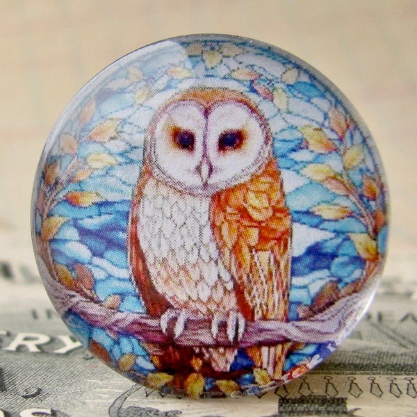 Stained glass window Snowy Owl, 25mm round glass cabochon, wisdom bird, handmade in this shop, one inch, bottle cap size